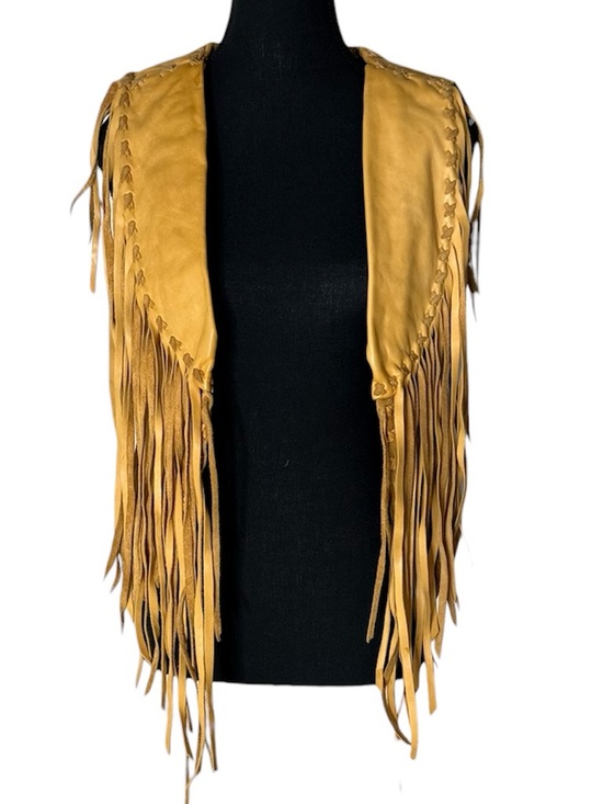 Vintage Jackets & Blazers - Vintage Yellow Tan Leather Suede Crop Vest Fringe Braided Seams Boho Lined Small